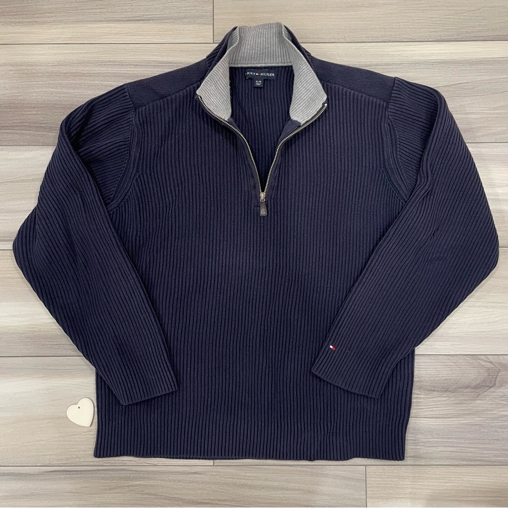 TOMMY HILFIGER Quarter Zip Sweater 100% Cotton Size XL Navy Blue Ribbed Knit